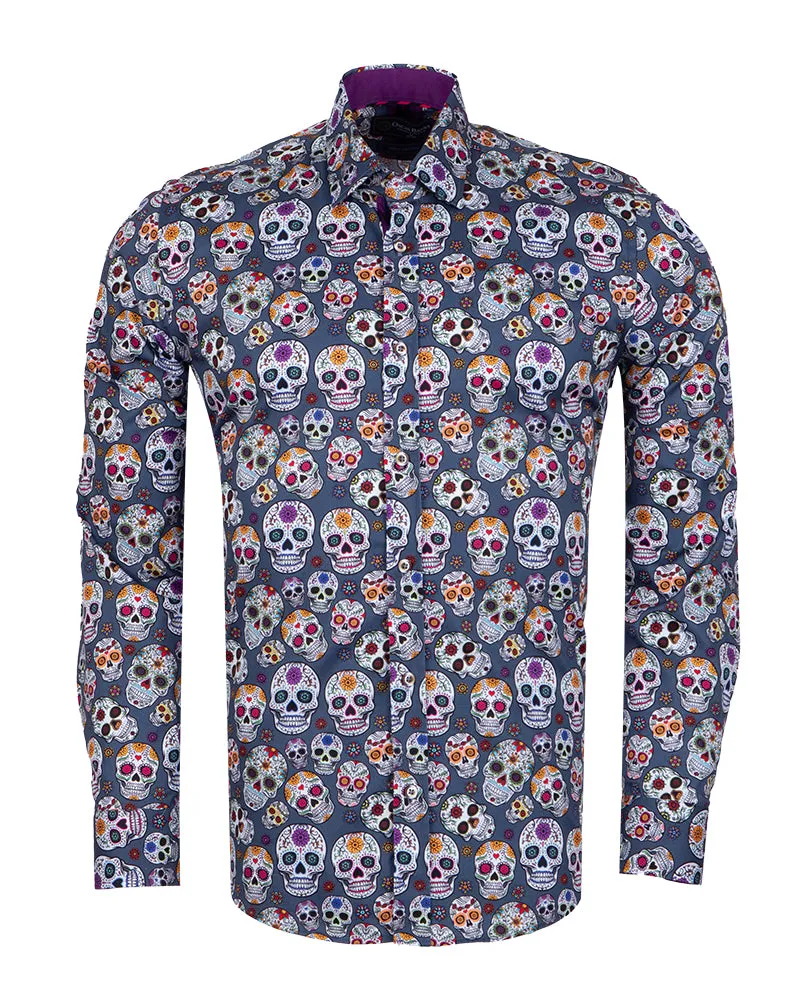 Blue day of the dead Skull Print Shirt with Matching Handkerchief