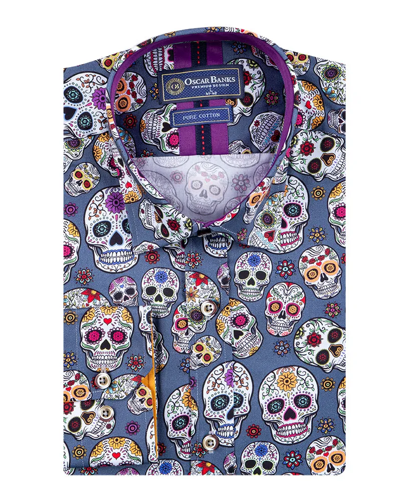 Blue day of the dead Skull Print Shirt with Matching Handkerchief