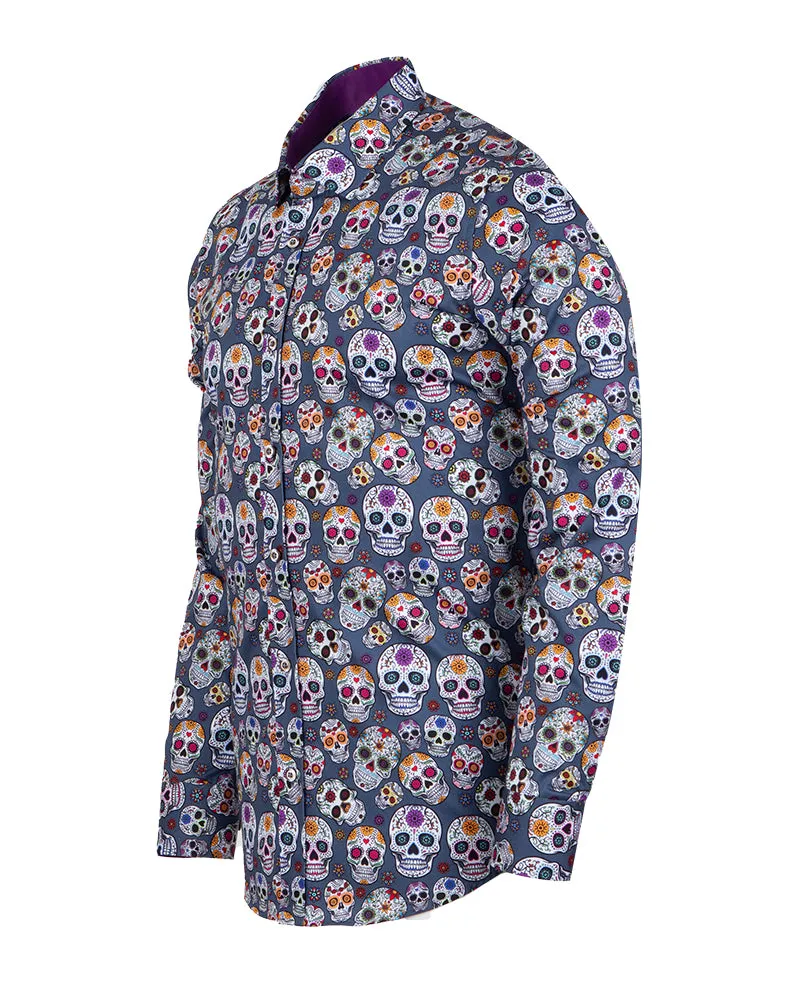 Blue day of the dead Skull Print Shirt with Matching Handkerchief