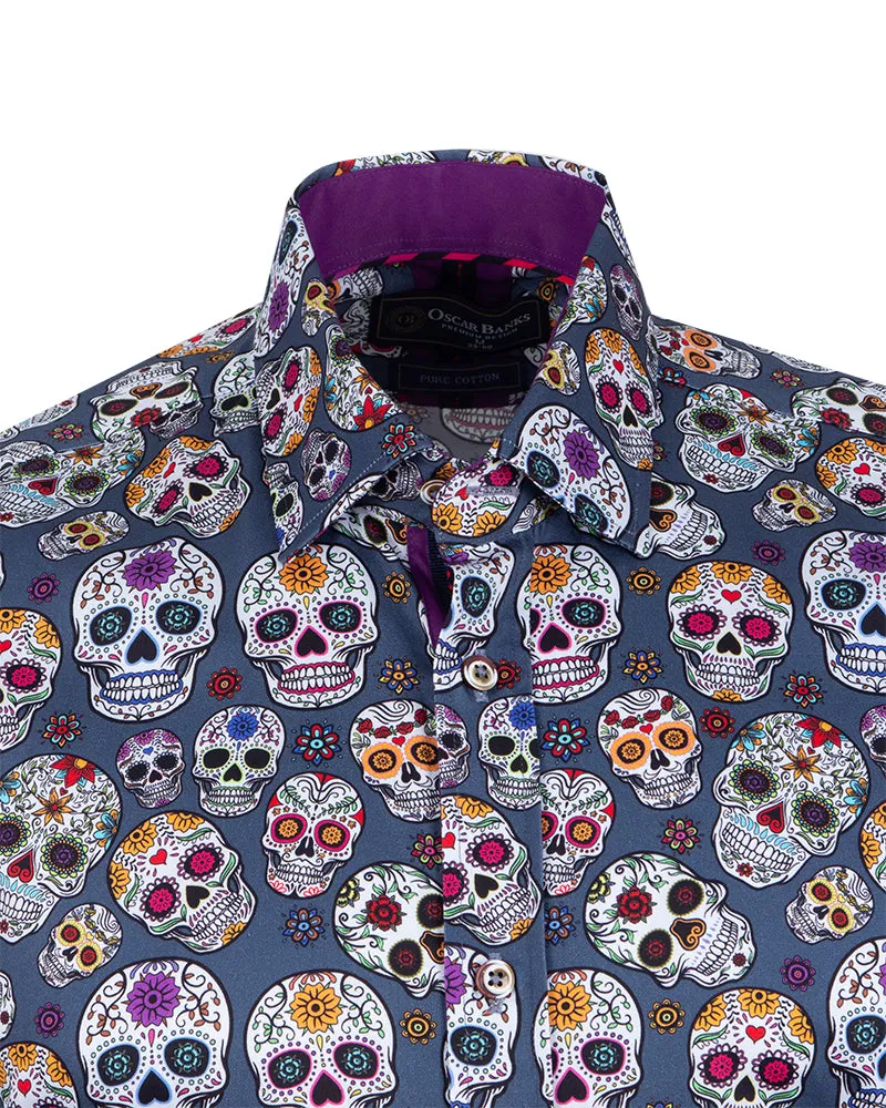 Blue day of the dead Skull Print Shirt with Matching Handkerchief