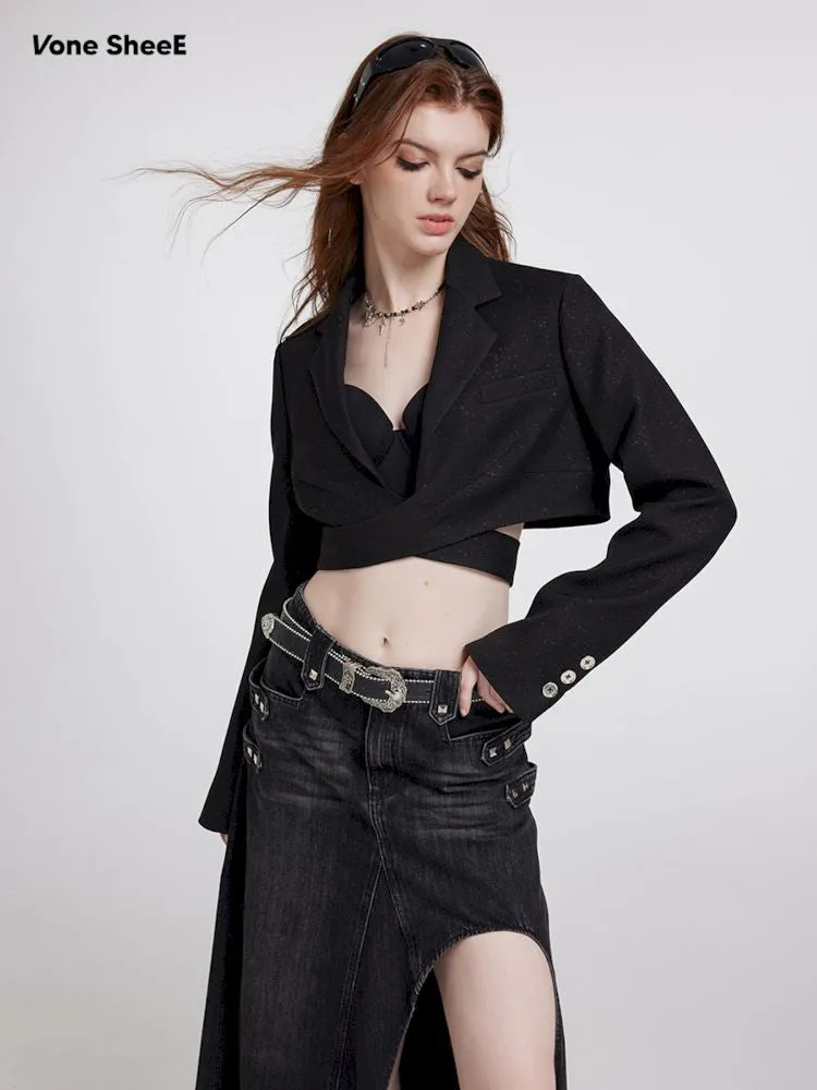 Fine flash short black blazer【s0000007176】