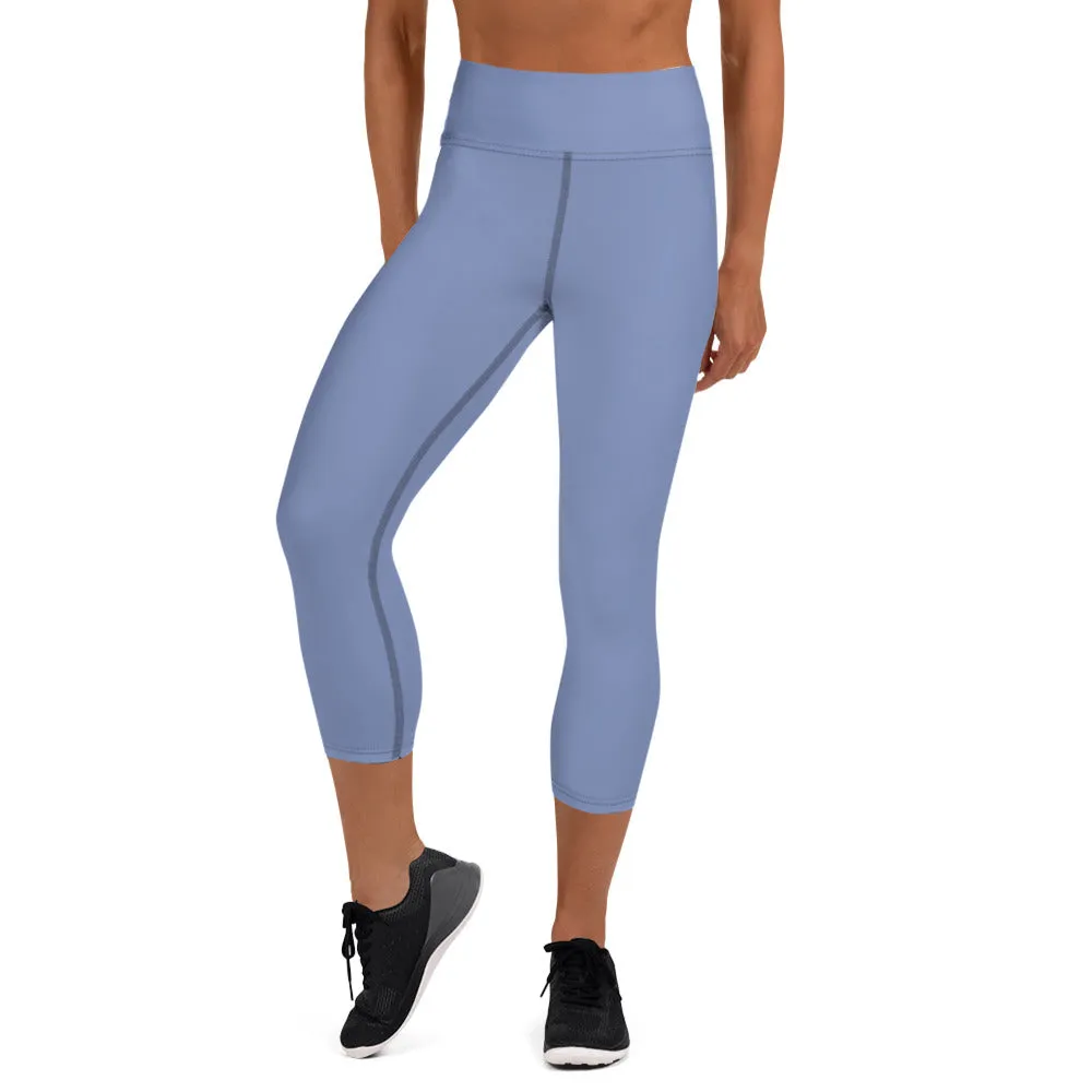 Lavender Blue Yoga Capri Leggings, Solid Pastel Blue Color Women's Tights-Made in USA/EU/MX