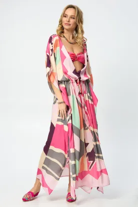 Multicolored Geo Tie Waist Keyhole Kaftan