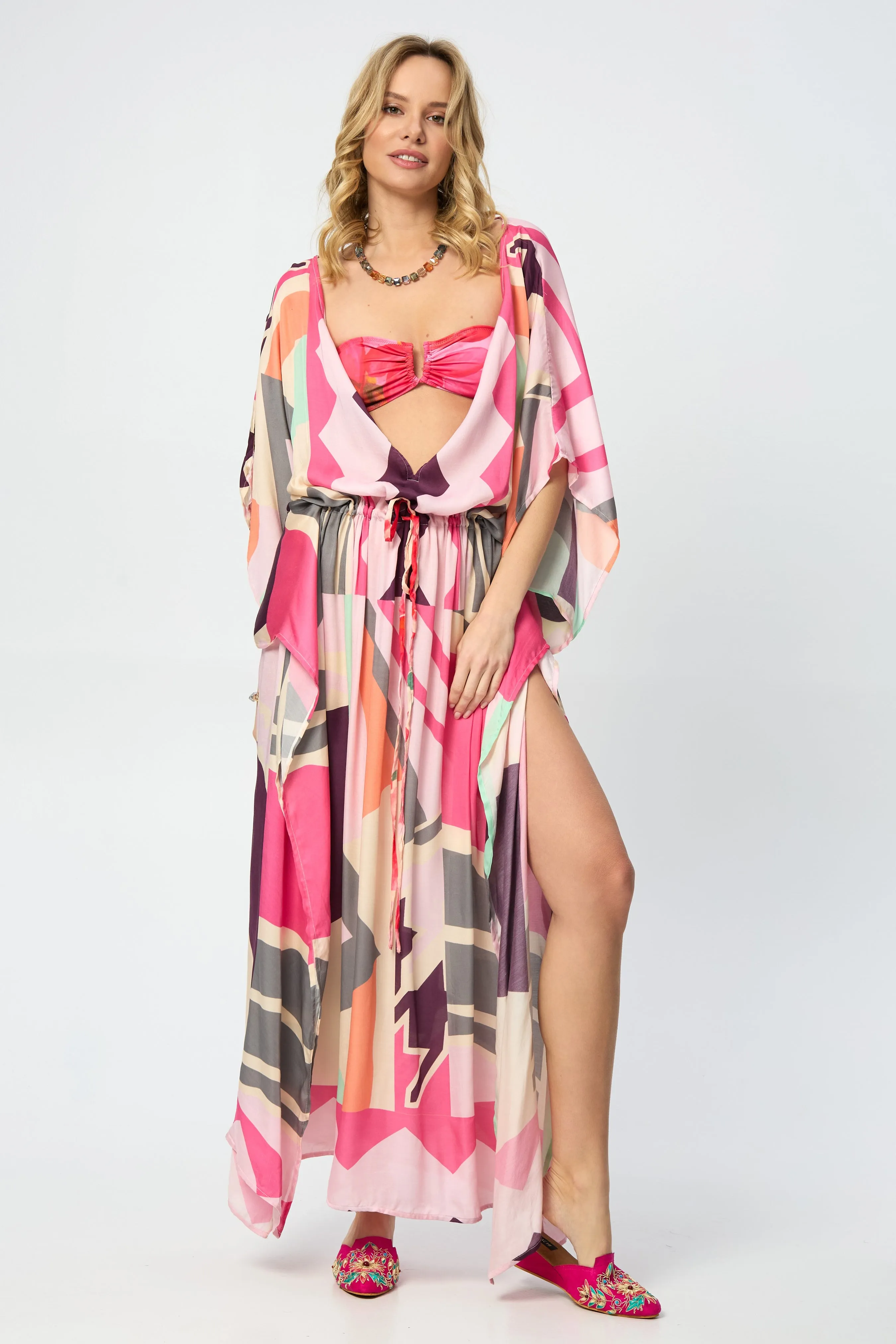 Multicolored Geo Tie Waist Keyhole Kaftan