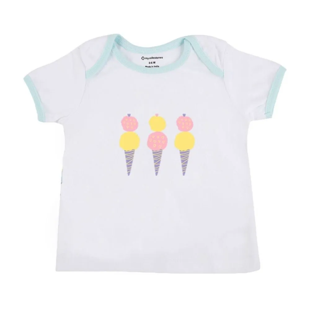 My Milestones Baby Top Bottom Set- Half Sleeves T-shirt with Shorts-White/Aqua