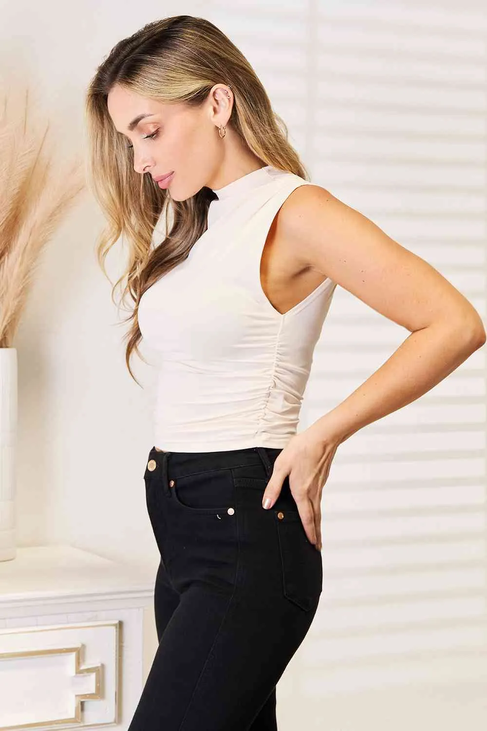 PRE-ORDER: Basic Bae Mock Neck Ruched Cropped Tank