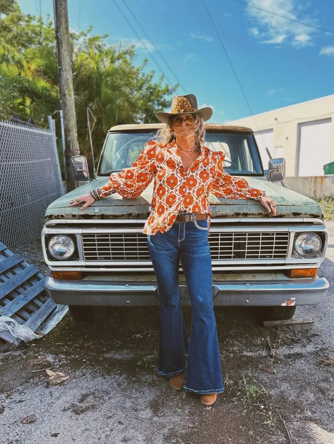 Pre Pack Going To California Large Poppy Flower Pouf Sleeve Button Up Blouse