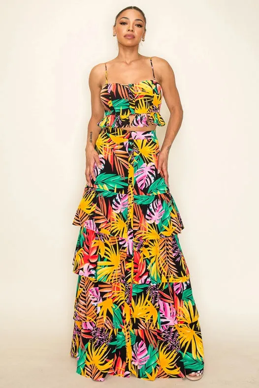 Printed Poly Challi Multi Tiered Maxi Skirt Set Black