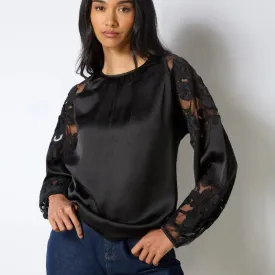 Ro&Zo Black Satin Lace Insert Blouse