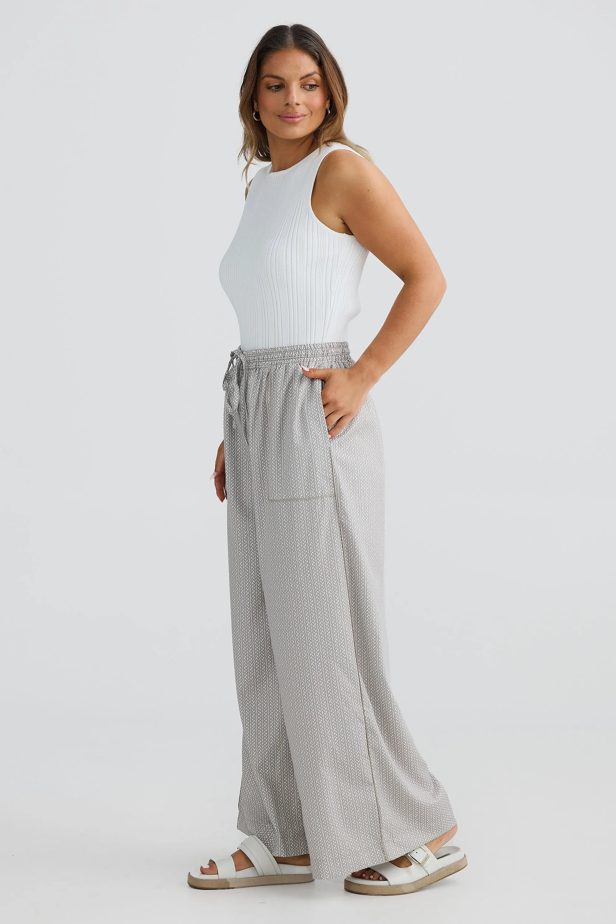 Wide Leg Elasticated Pants - Stone Geo Weave