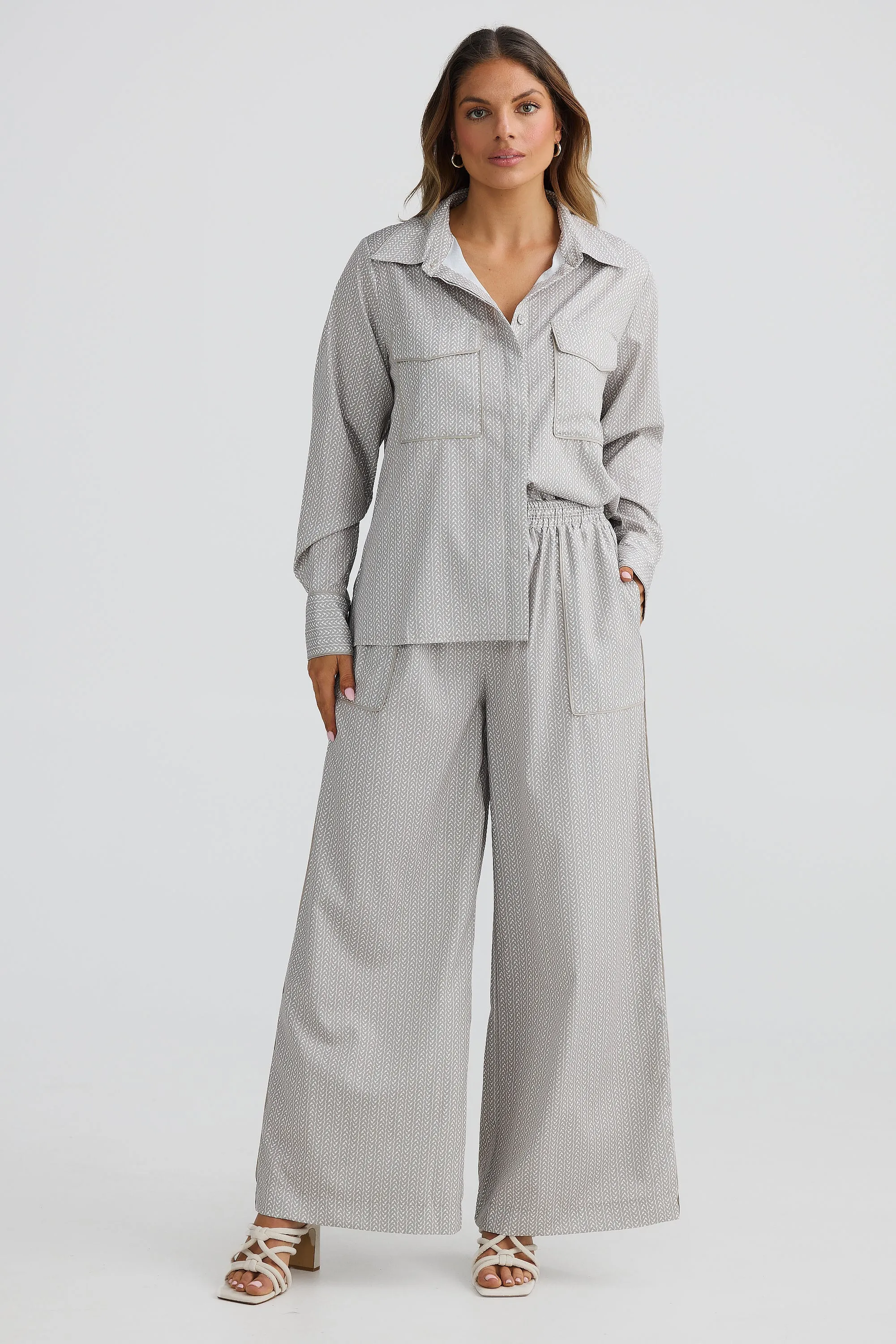Wide Leg Elasticated Pants - Stone Geo Weave