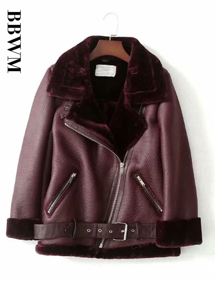 Winter Woman PU Faux Leather Jackets Sheepskin coats