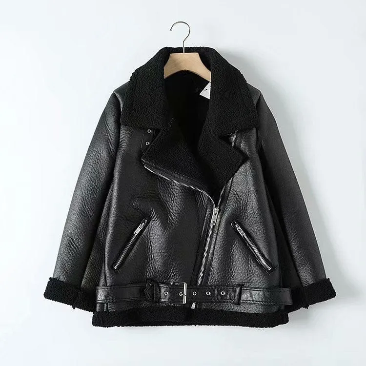 Winter Woman PU Faux Leather Jackets Sheepskin coats